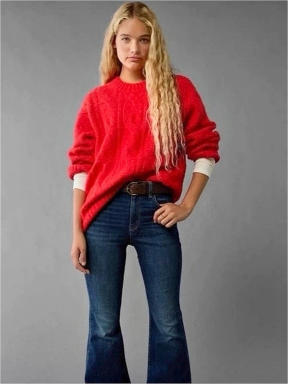 American Eagle Whoa So Soft Cable Knit Chunky Sweater in Cherry Red